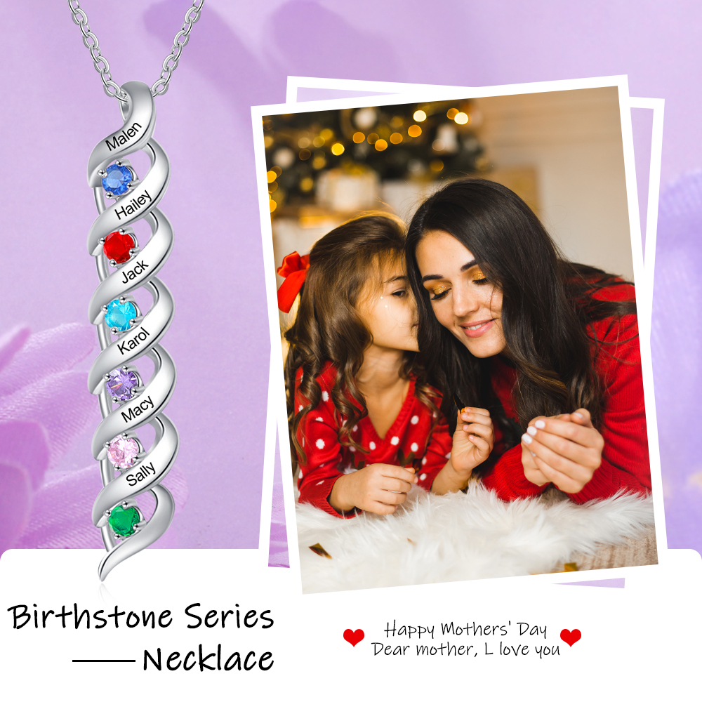 Personalisierter 6 Namen & 6 Geburtssteinen Silbernes Herz-Anhänger-Armband & Herz Halskette Geschenkbox-Set