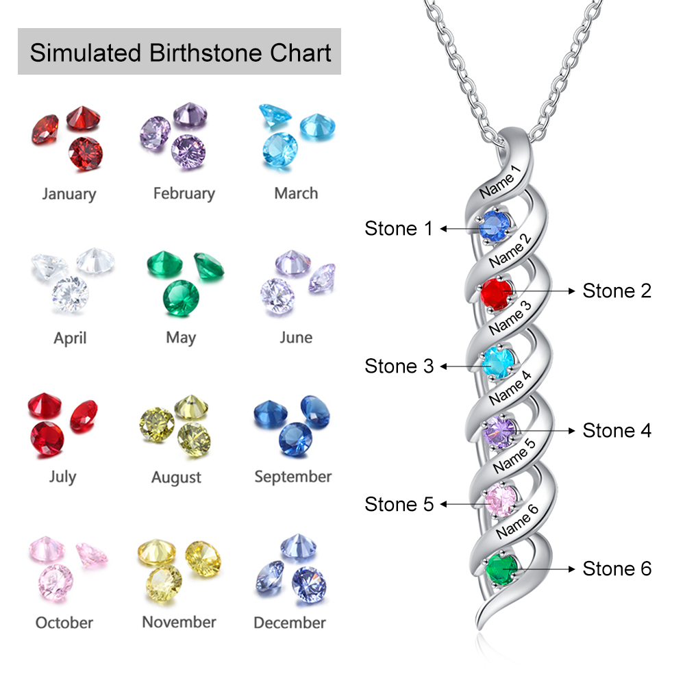 Personalisierter 6 Namen & 6 Geburtssteinen Silbernes Herz-Anhänger-Armband & Herz Halskette Geschenkbox-Set