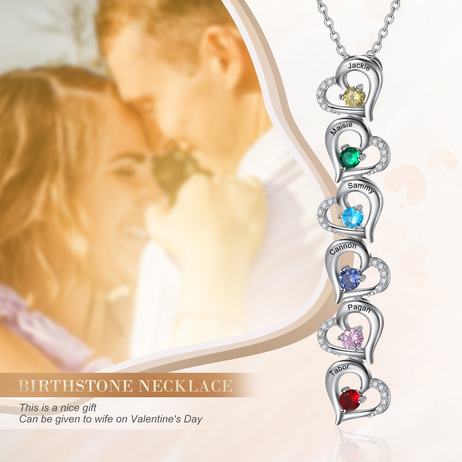Gravur 6 Namen Liebe Herz Halskette mit 6 Geburtssteinen - Geschenk für Familie