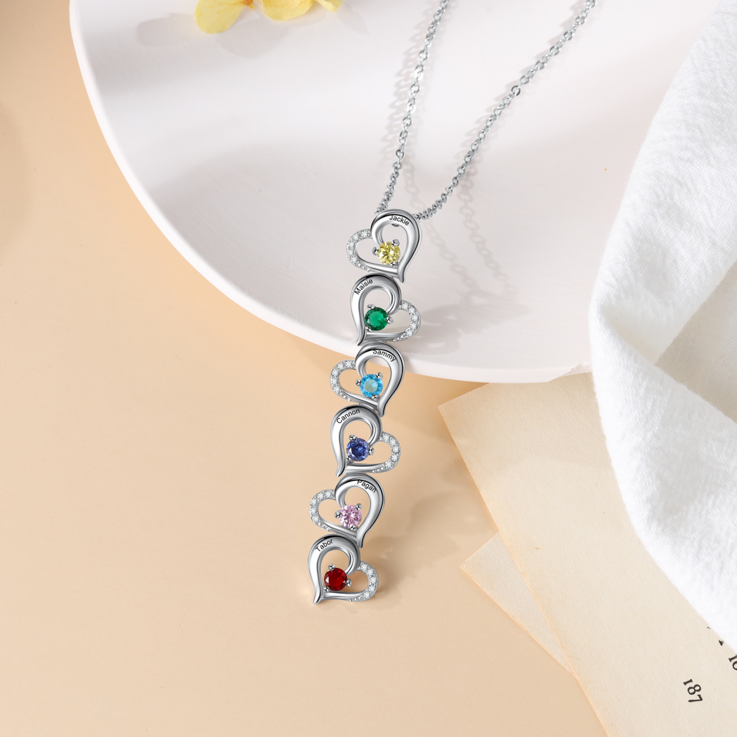 Gravur 6 Namen Liebe Herz Halskette mit 6 Geburtssteinen - Geschenk für Familie