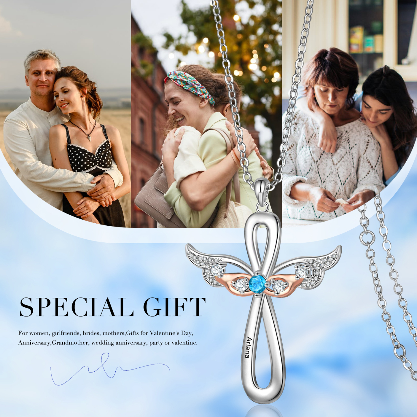 Gravur 1 Name & Geburtsstein Kommunion Kreuz Flügel Halskette- An meine wunderbare Tochter- Geschenk mit Nachrichtenkarte