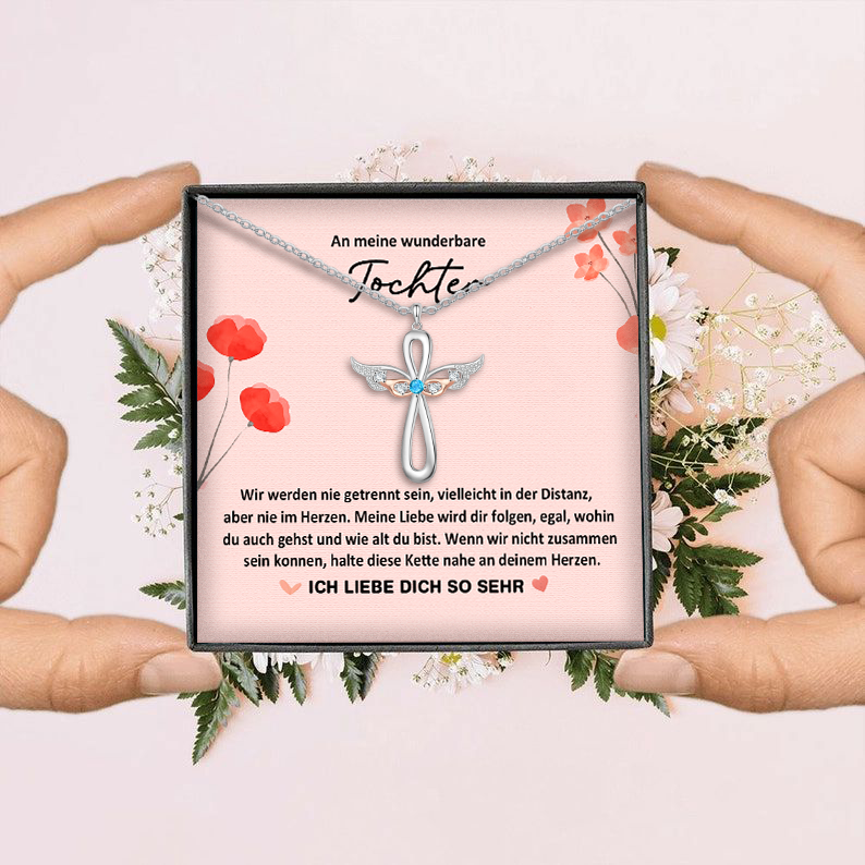 Gravur 1 Name & Geburtsstein Kommunion Kreuz Flügel Halskette- An meine wunderbare Tochter- Geschenk mit Nachrichtenkarte