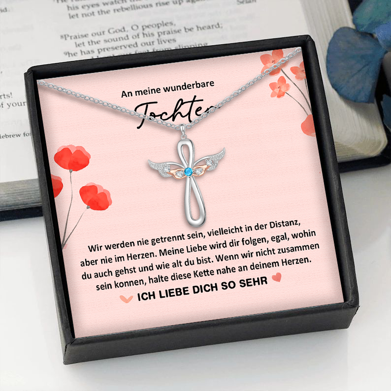 Gravur 1 Name & Geburtsstein Kommunion Kreuz Flügel Halskette- An meine wunderbare Tochter- Geschenk mit Nachrichtenkarte