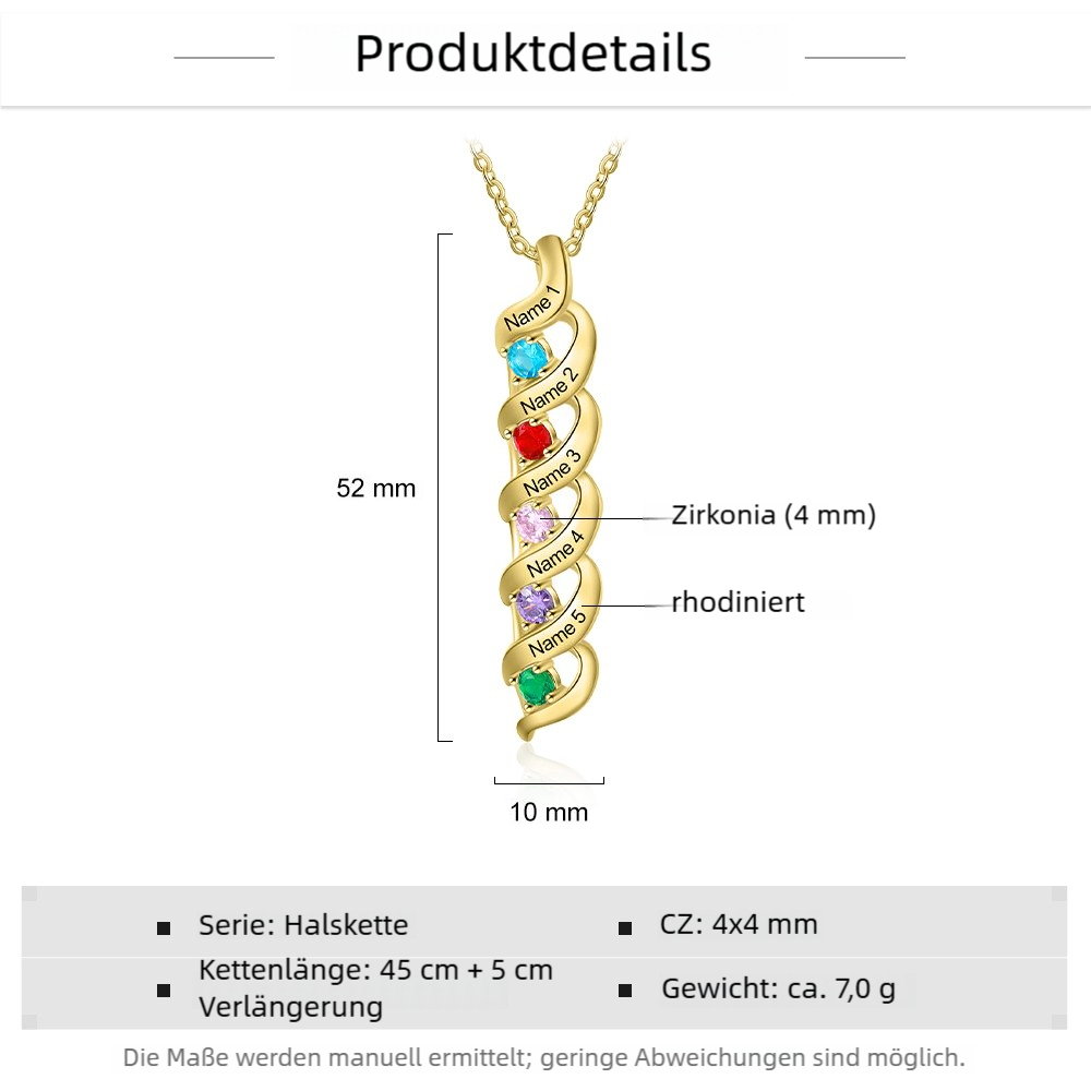Personalisierte DNA-Halskette mit 2–7 Namen und Geburtssteinen – Bedeutungsvolles Geschenk mit Nachrichtenkarte