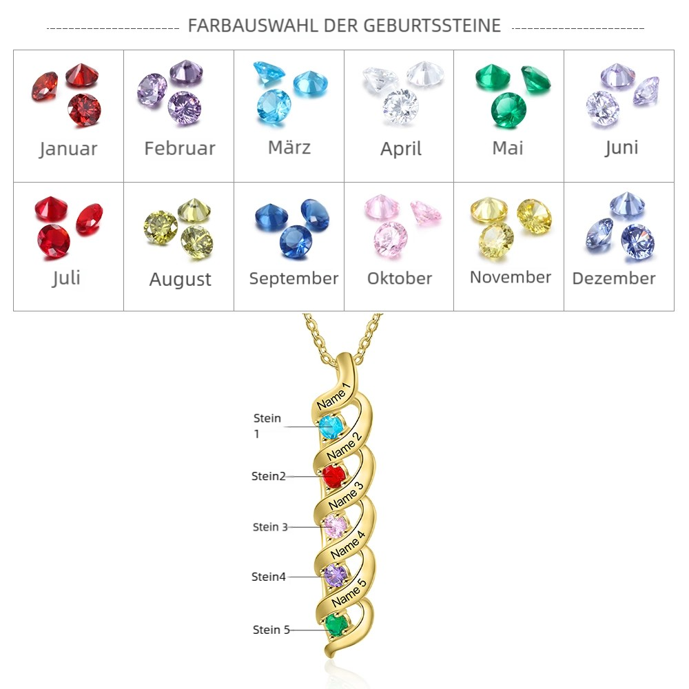 Personalisierte DNA-Halskette mit 2–7 Namen und Geburtssteinen – Bedeutungsvolles Geschenk mit Nachrichtenkarte