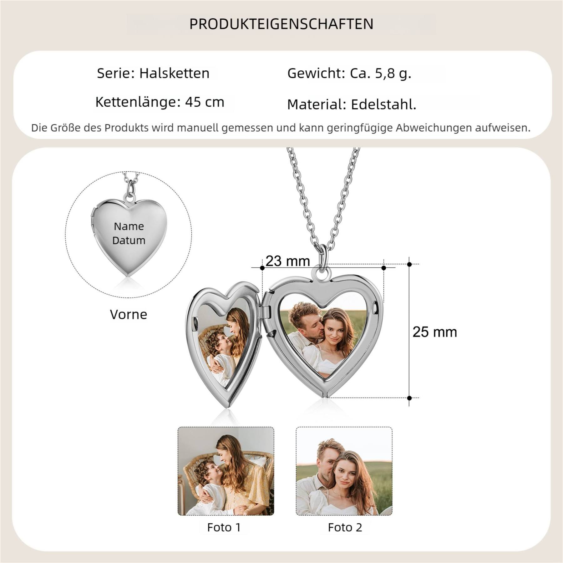 Personalisierte 2 Fotos & Name & Datum Herz Halskette 