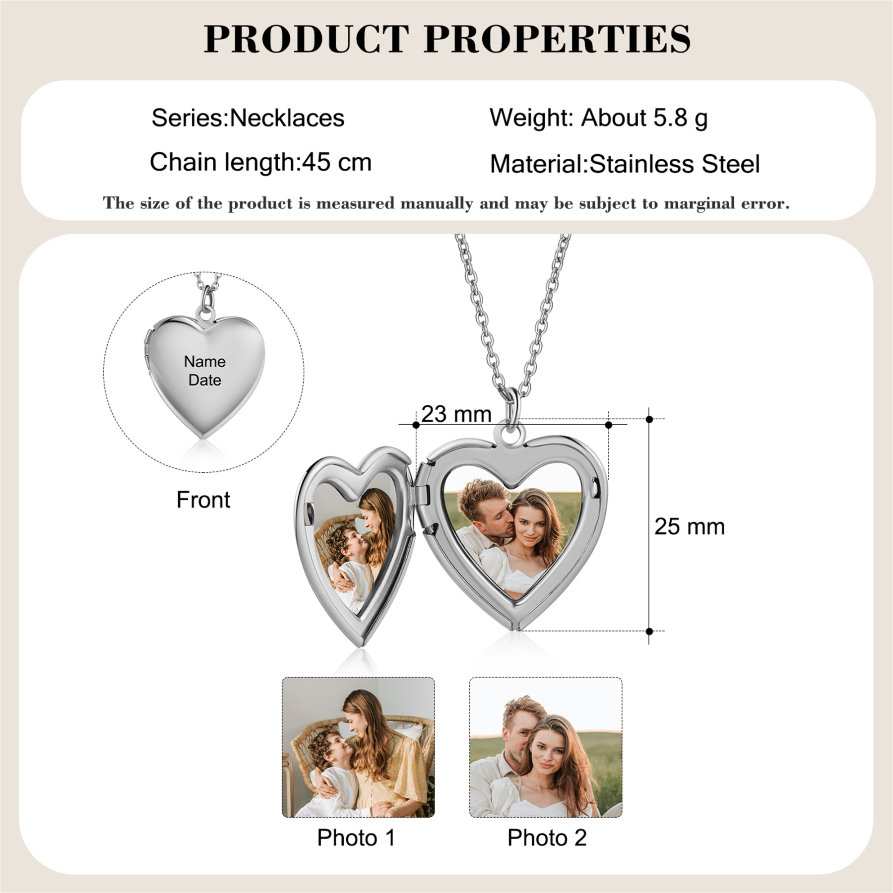 Personalisierte 2 Fotos & Name & Datum Herz-Foto Halskette & Text & Foto Herrenarmband & Geschenkbox Set für Paar