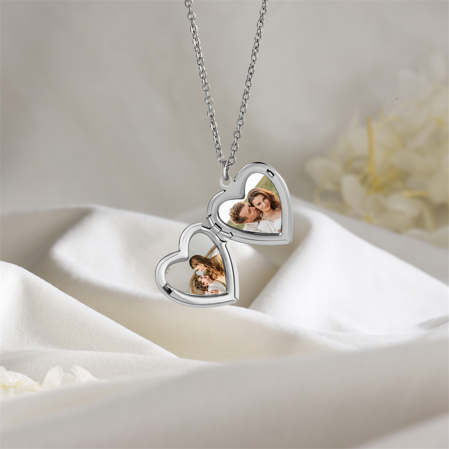 Personalisierte 2 Fotos & Name & Datum Herz-Foto Halskette & Text & Foto Herrenarmband & Geschenkbox Set für Paar