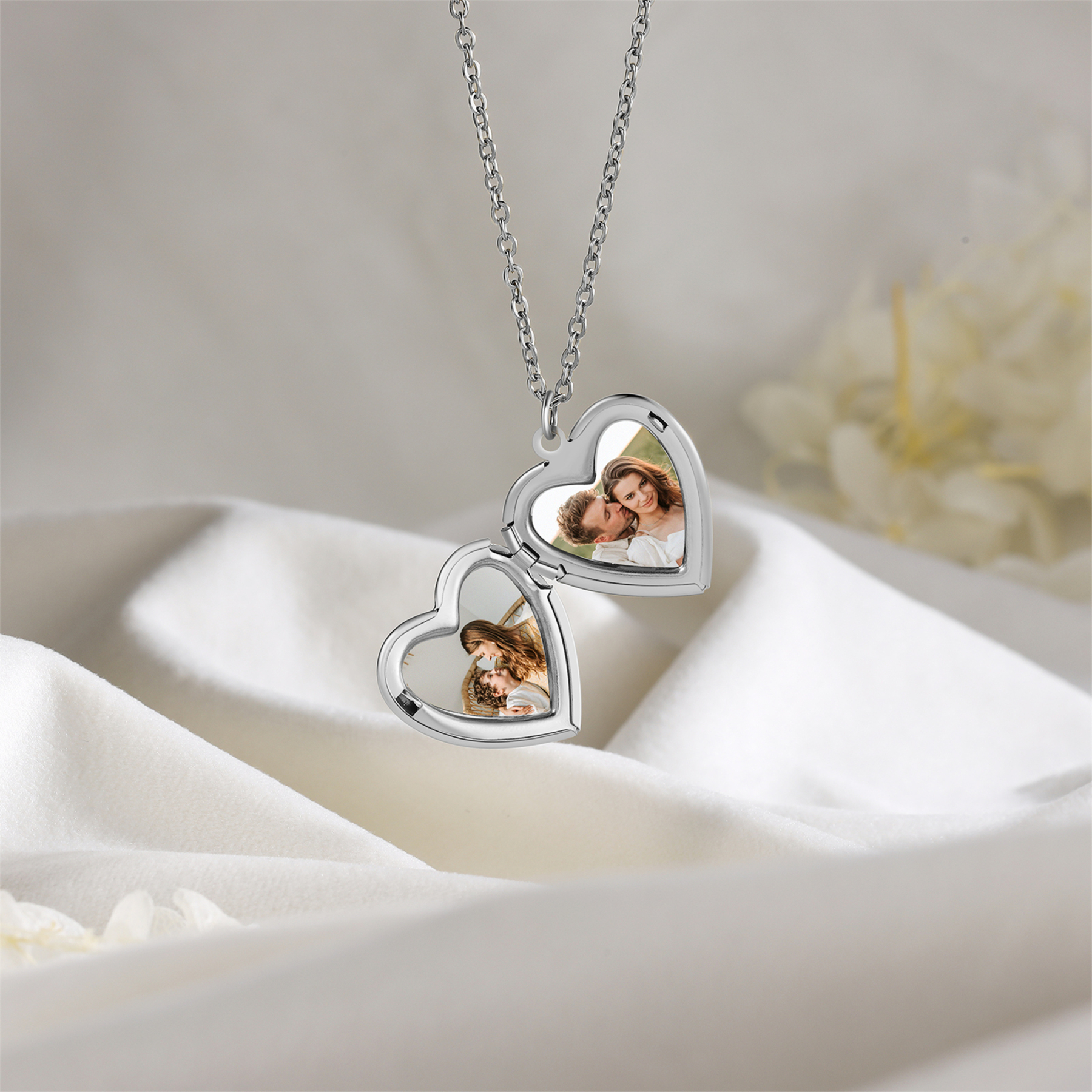 Personalisierte 2 Fotos & Name & Datum Herz-Foto Halskette & Text & Foto Herrenarmband & Geschenkbox Set für Paar
