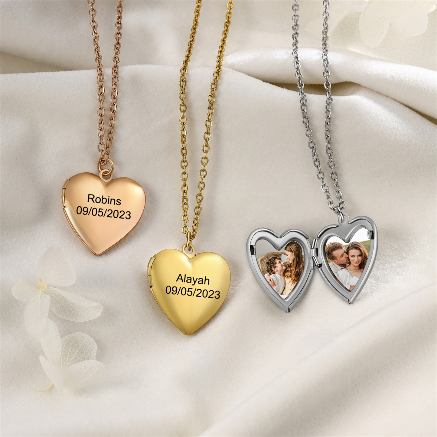 Personalisierte 2 Fotos & Name & Datum Herz-Foto Halskette & Text & Foto Herrenarmband & Geschenkbox Set für Paar