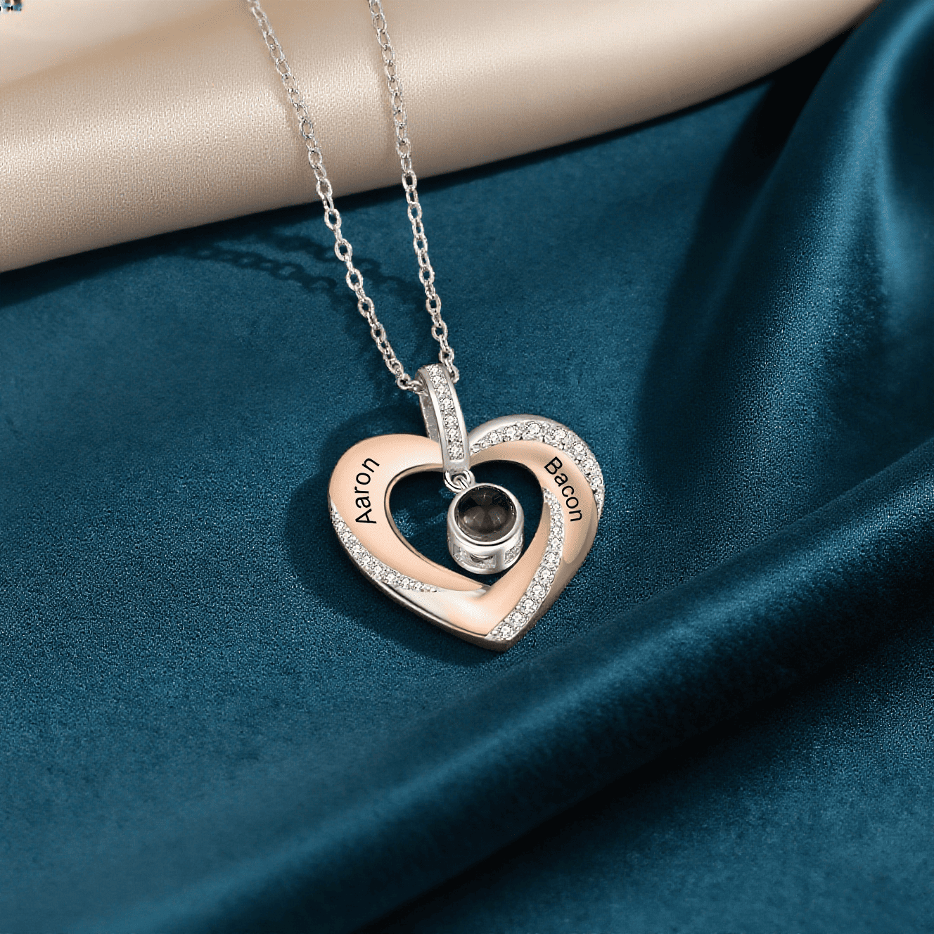 Personalisiertes Foto & 2 Namen Herz Projektion Roségold Halskette