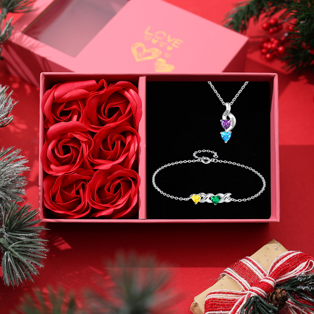 Personalisierter 2 Namen & 2 Geburtssteinen Silbernes Armband & Halskette Geschenkbox-Set