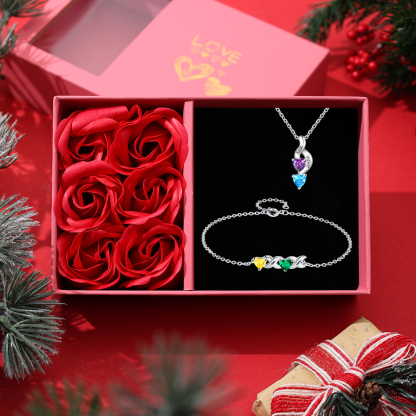 Personalisierter 2 Namen & 2 Geburtssteinen Silbernes Armband & Halskette Geschenkbox-Set