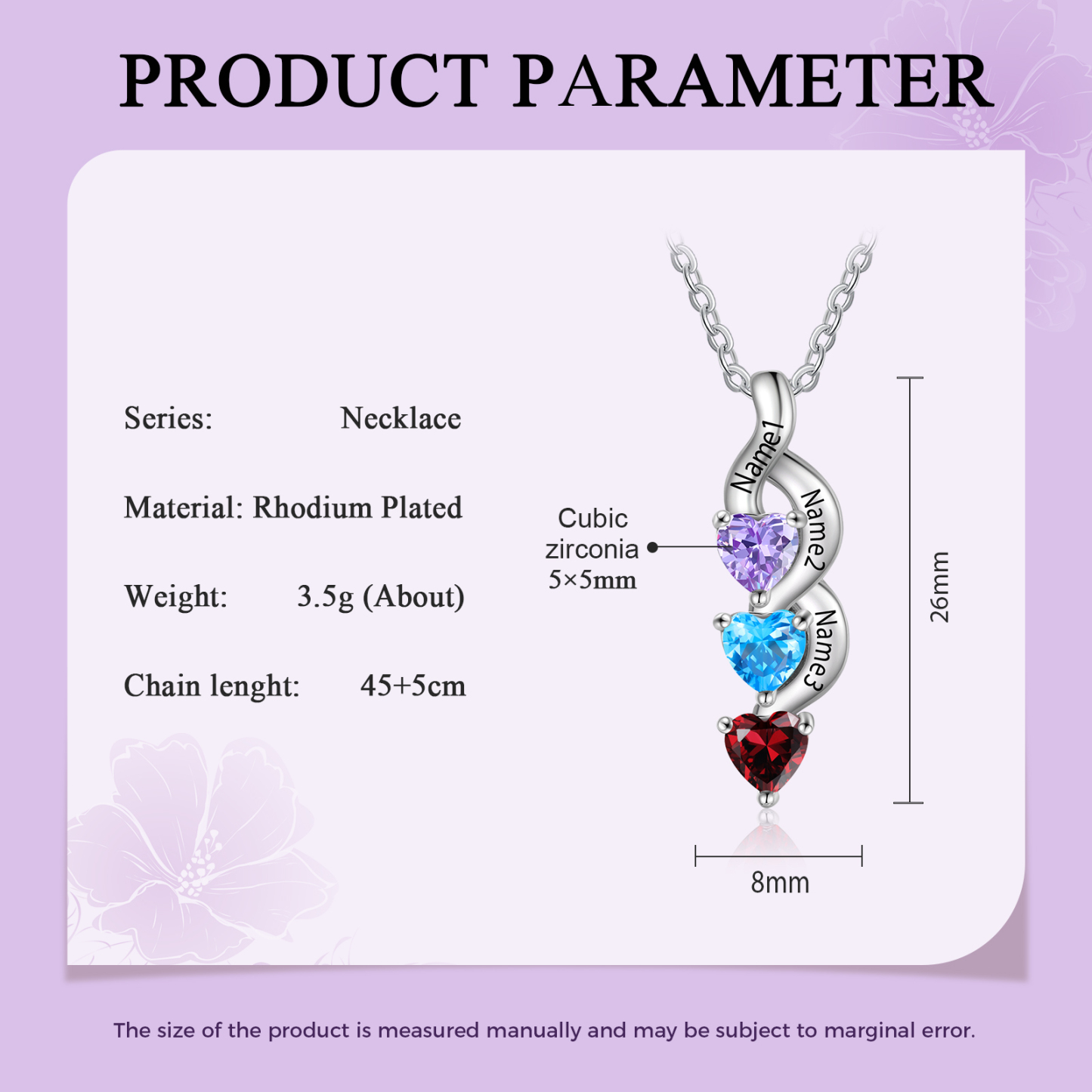 Personalisierter 3 Namen Silbernes Halskette & Armband mit 2 Herz-Geburtssteinen Geschenkbox-Set