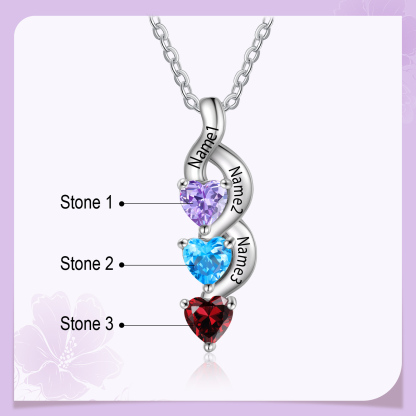 Personalisierter 3 Namen Silbernes Halskette & Armband mit 2 Herz-Geburtssteinen Geschenkbox-Set