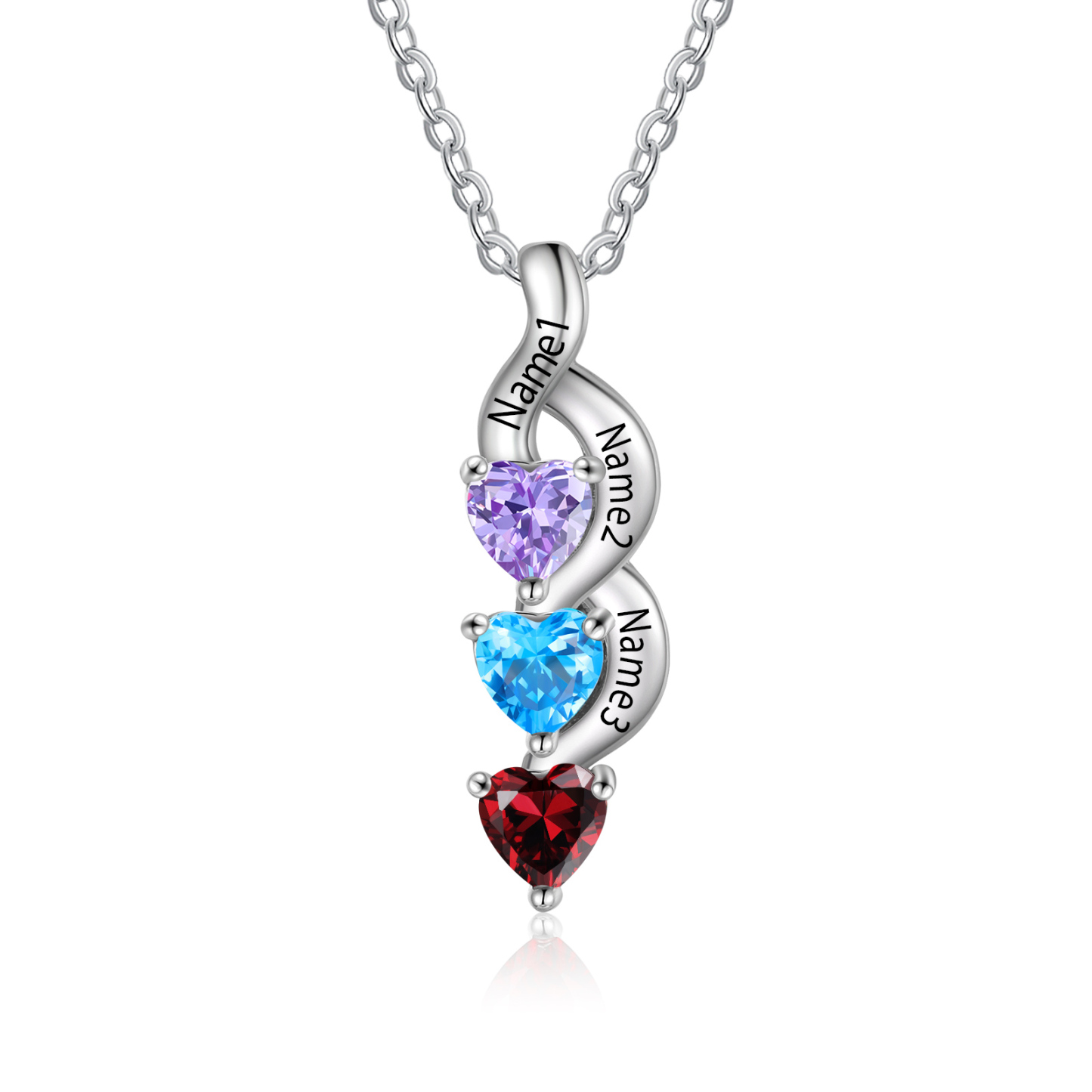 Personalisierter 3 Namen Silbernes Halskette & Armband mit 2 Herz-Geburtssteinen Geschenkbox-Set