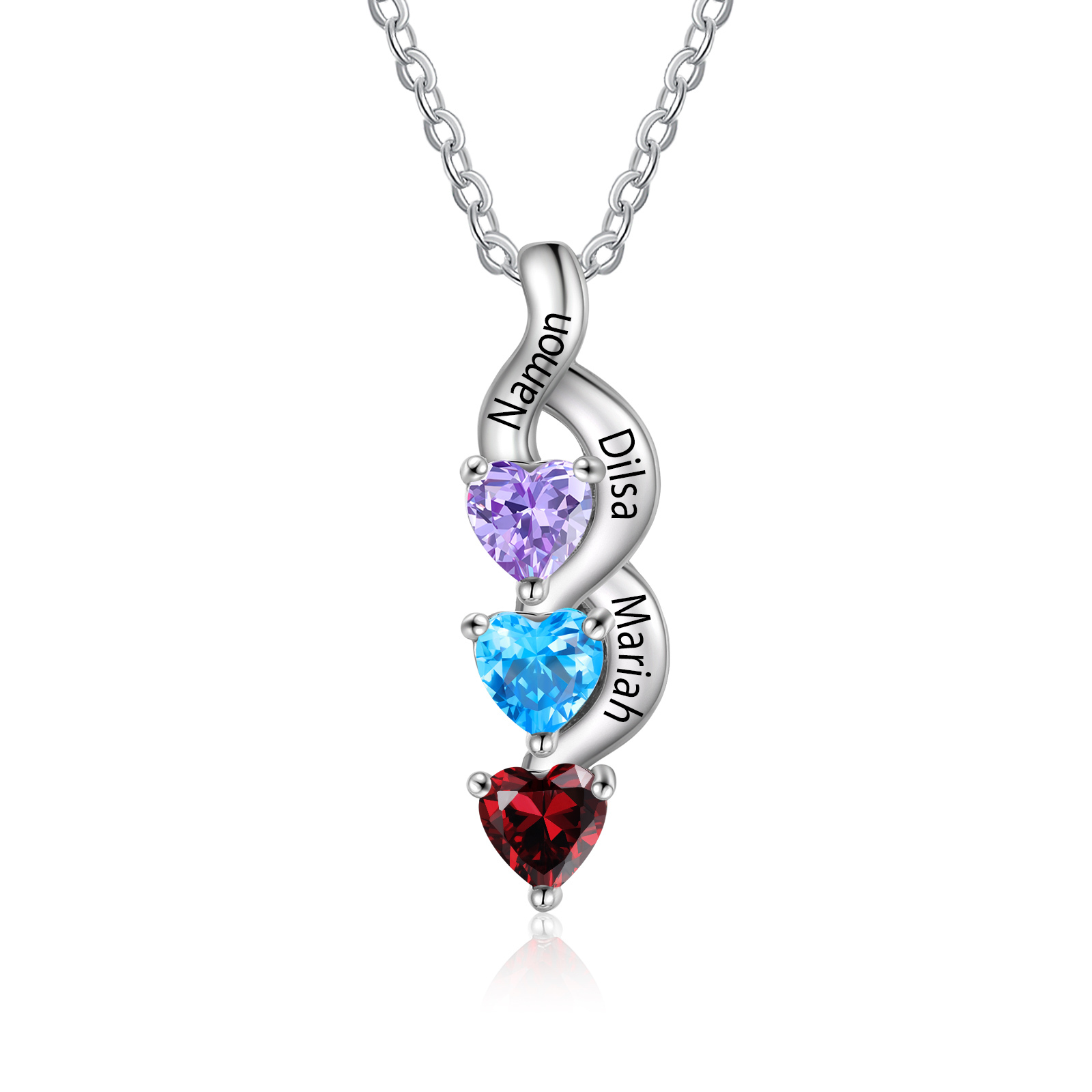 Personalisierter 3 Namen Silbernes Halskette & Armband mit 2 Herz-Geburtssteinen Geschenkbox-Set