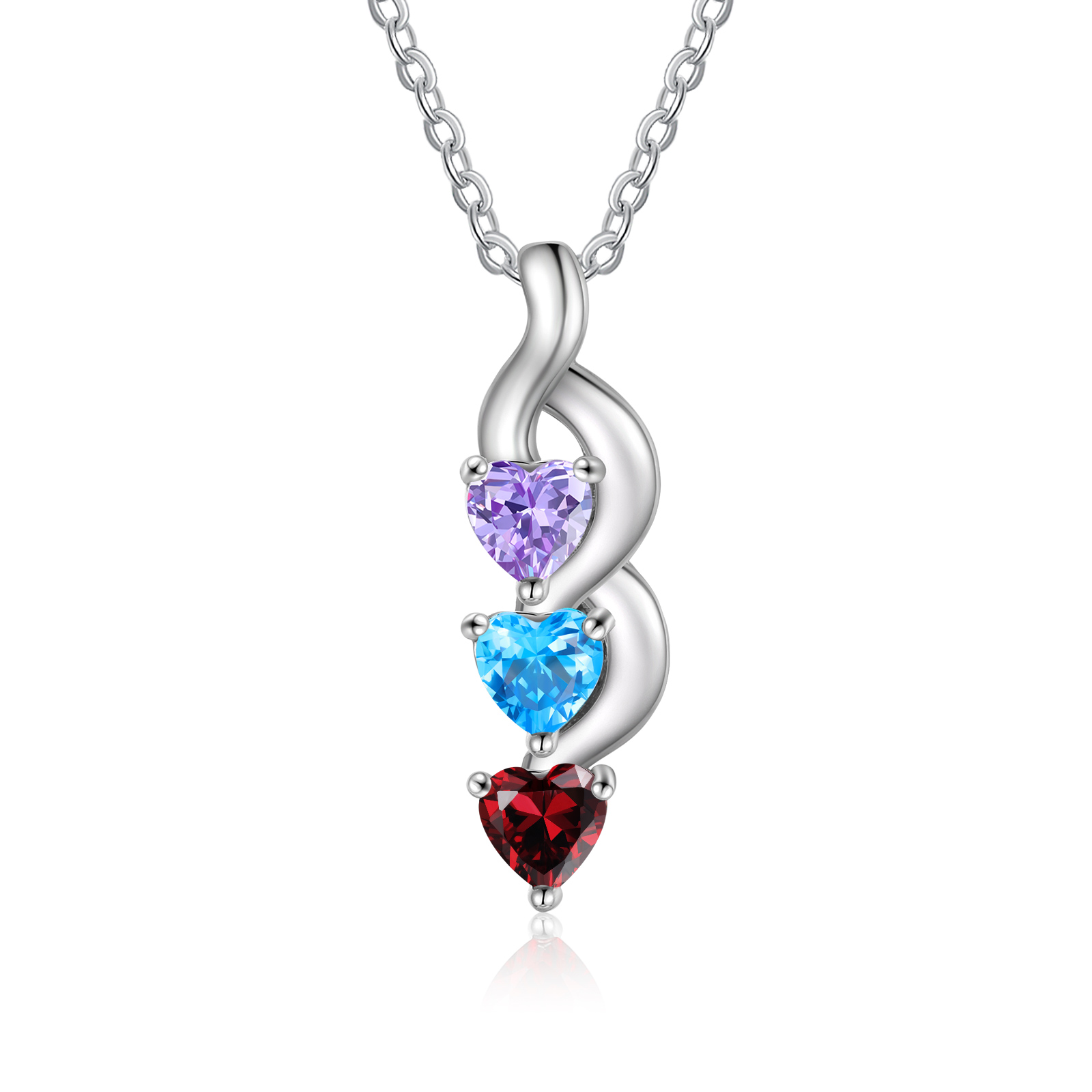 Personalisierter 3 Namen Silbernes Halskette & Armband mit 2 Herz-Geburtssteinen Geschenkbox-Set
