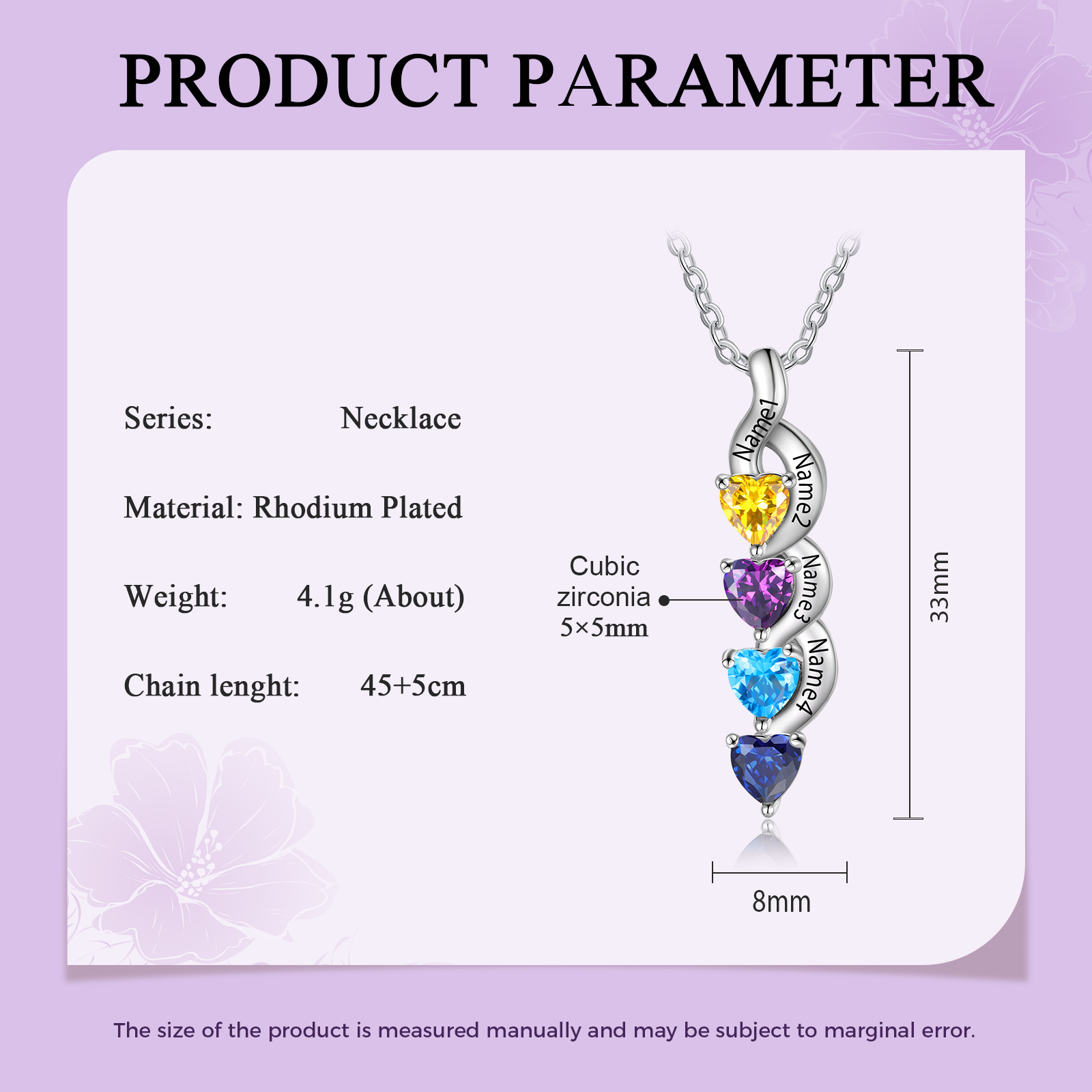 Personalisierter 4 Namen Silbernes Halskette & Armband mit 2 Herz-Geburtssteinen Geschenkbox-Set