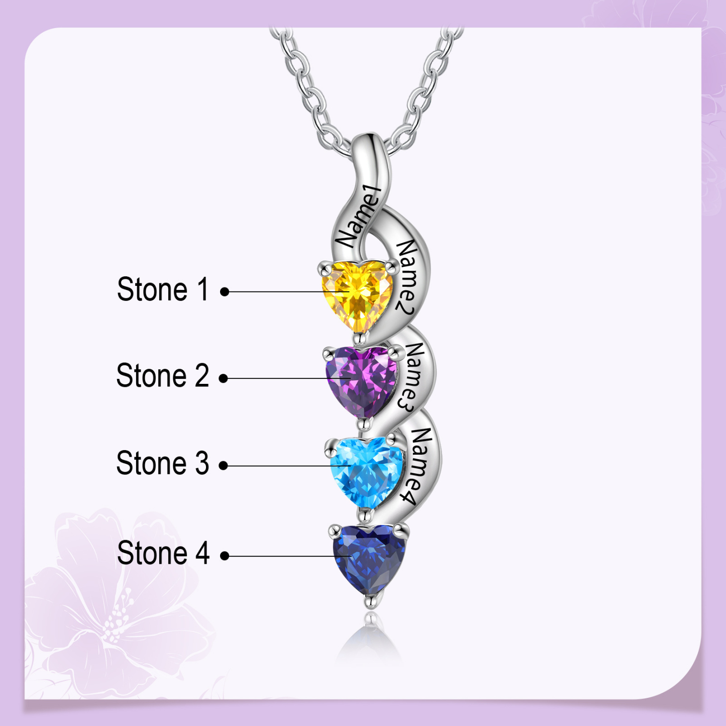 Personalisierter 4 Namen Silbernes Halskette & Armband mit 2 Herz-Geburtssteinen Geschenkbox-Set