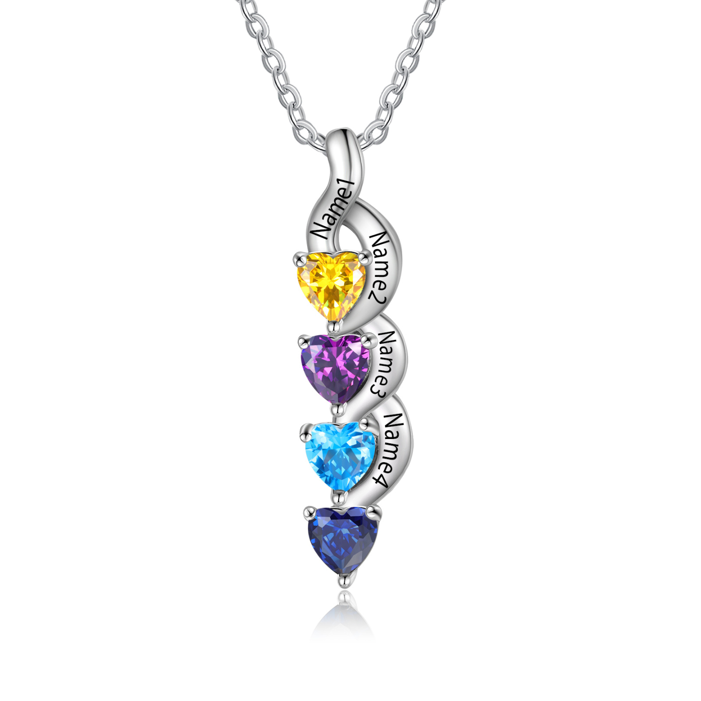 Personalisierter 4 Namen Silbernes Halskette & Armband mit 2 Herz-Geburtssteinen Geschenkbox-Set