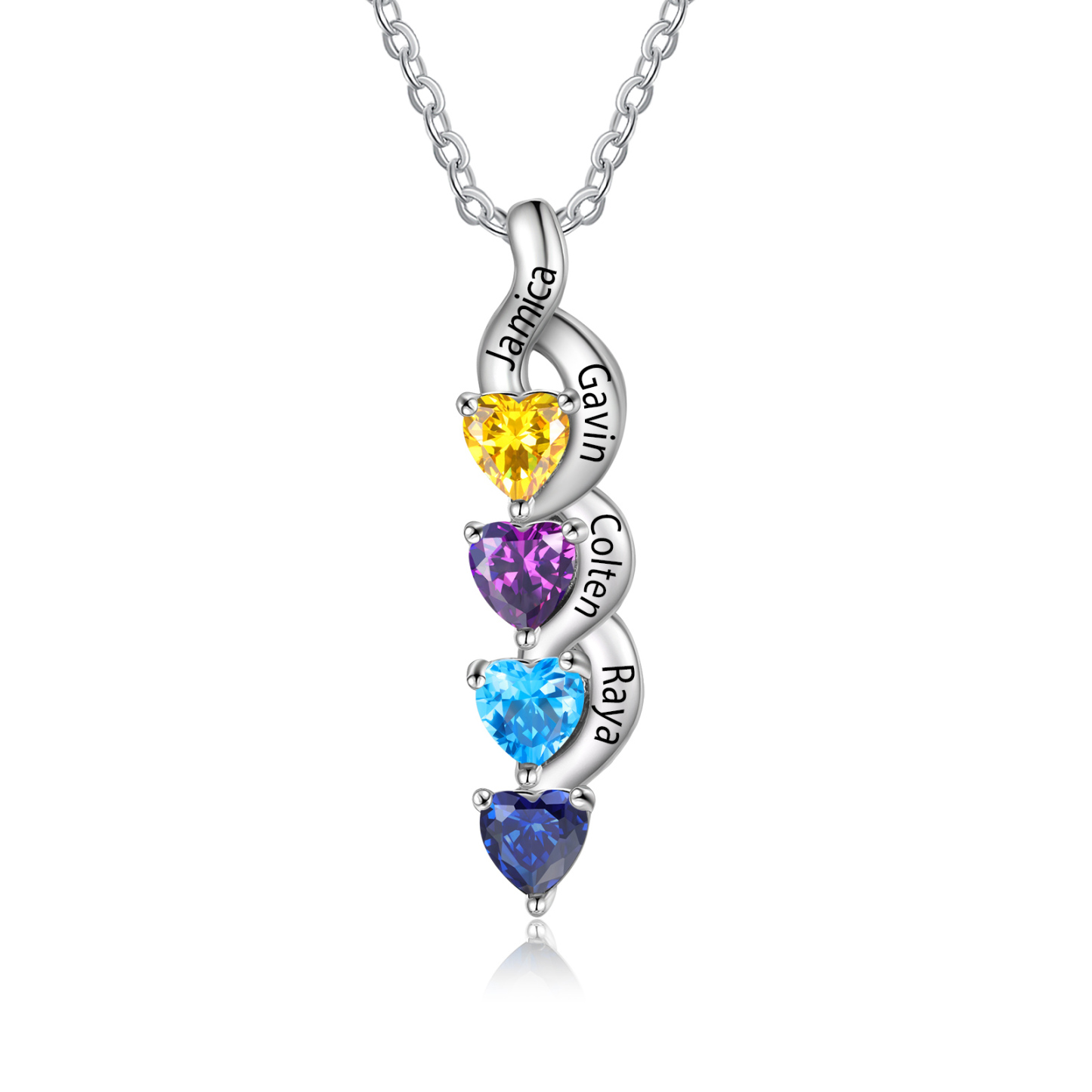 Personalisierter 4 Namen Silbernes Halskette & Armband mit 2 Herz-Geburtssteinen Geschenkbox-Set