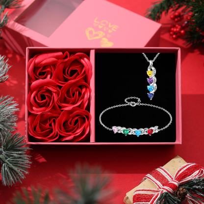 Personalisierter 4 Namen Silbernes Halskette & Armband mit 2 Herz-Geburtssteinen Geschenkbox-Set