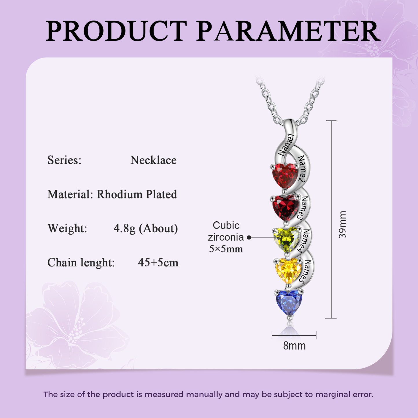 Personalisierter 5 Namen Silbernes Halskette & Armband mit 5 Herz-Geburtssteinen Geschenkbox-Set