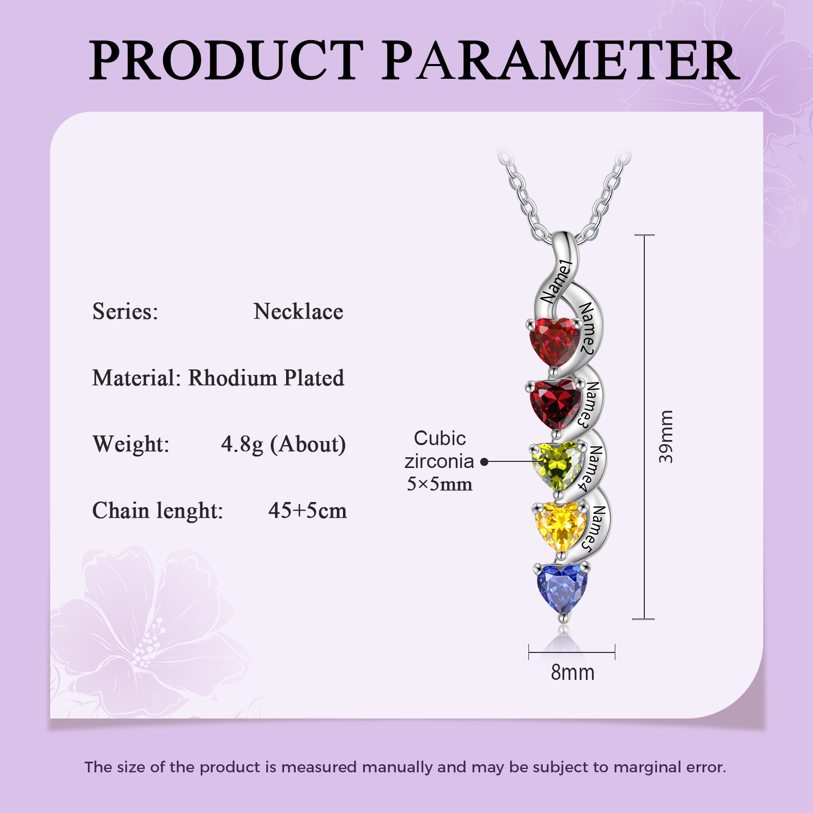 Personalisierter 5 Namen Silbernes Halskette & Armband mit 5 Herz-Geburtssteinen Geschenkbox-Set