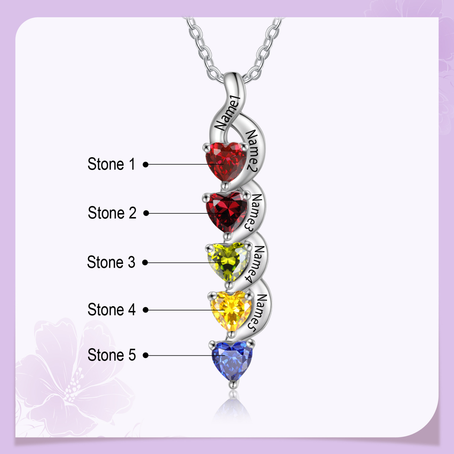 Personalisierter 5 Namen Silbernes Halskette & Armband mit 5 Herz-Geburtssteinen Geschenkbox-Set
