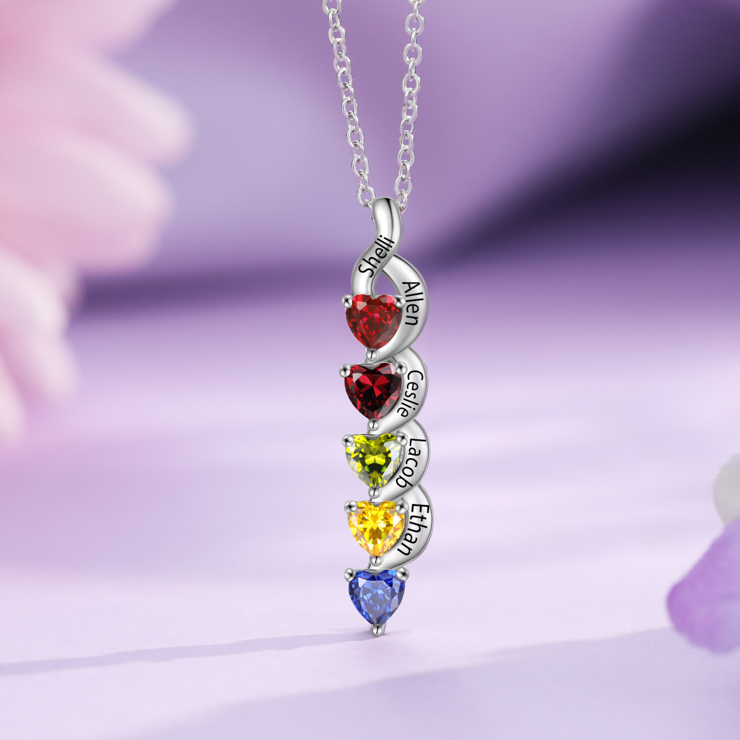 Personalisierter 5 Namen Silbernes Halskette & Armband mit 5 Herz-Geburtssteinen Geschenkbox-Set