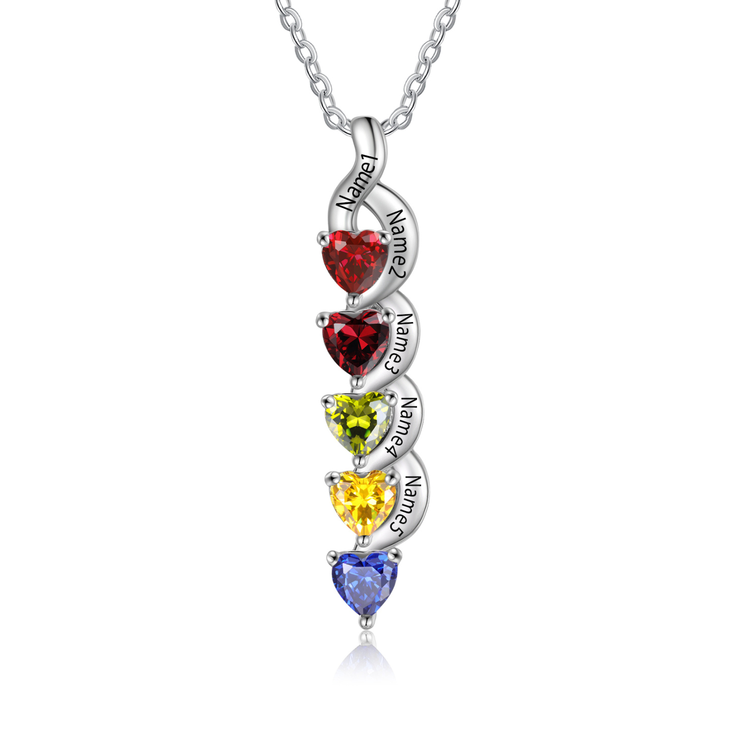 Personalisierter 5 Namen Silbernes Halskette & Armband mit 5 Herz-Geburtssteinen Geschenkbox-Set