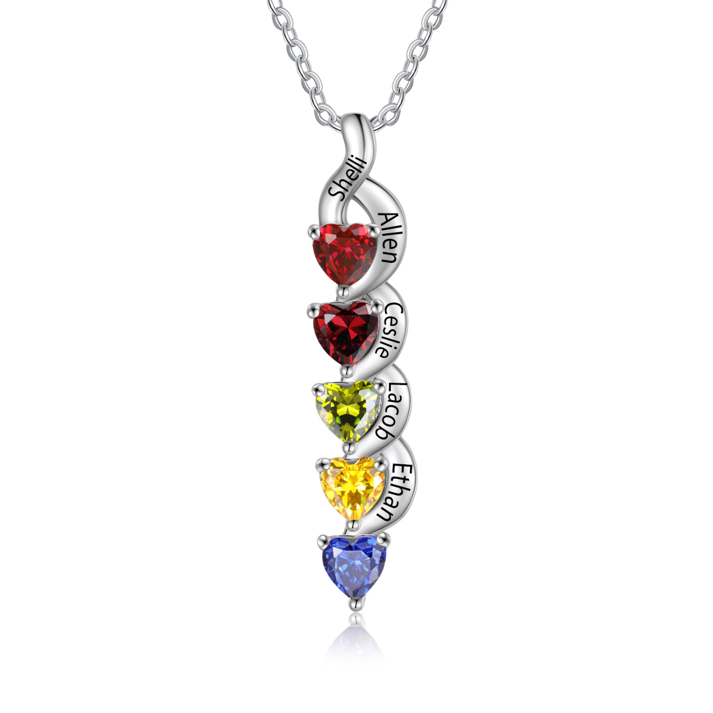 Personalisierter 5 Namen Silbernes Halskette & Armband mit 5 Herz-Geburtssteinen Geschenkbox-Set