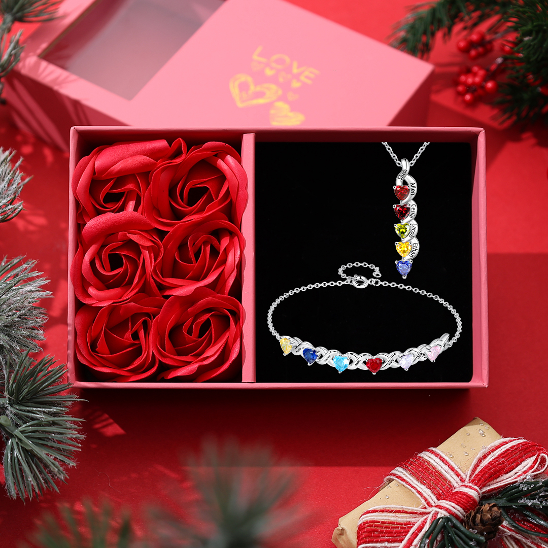 Personalisierter 5 Namen Silbernes Halskette & Armband mit 5 Herz-Geburtssteinen Geschenkbox-Set