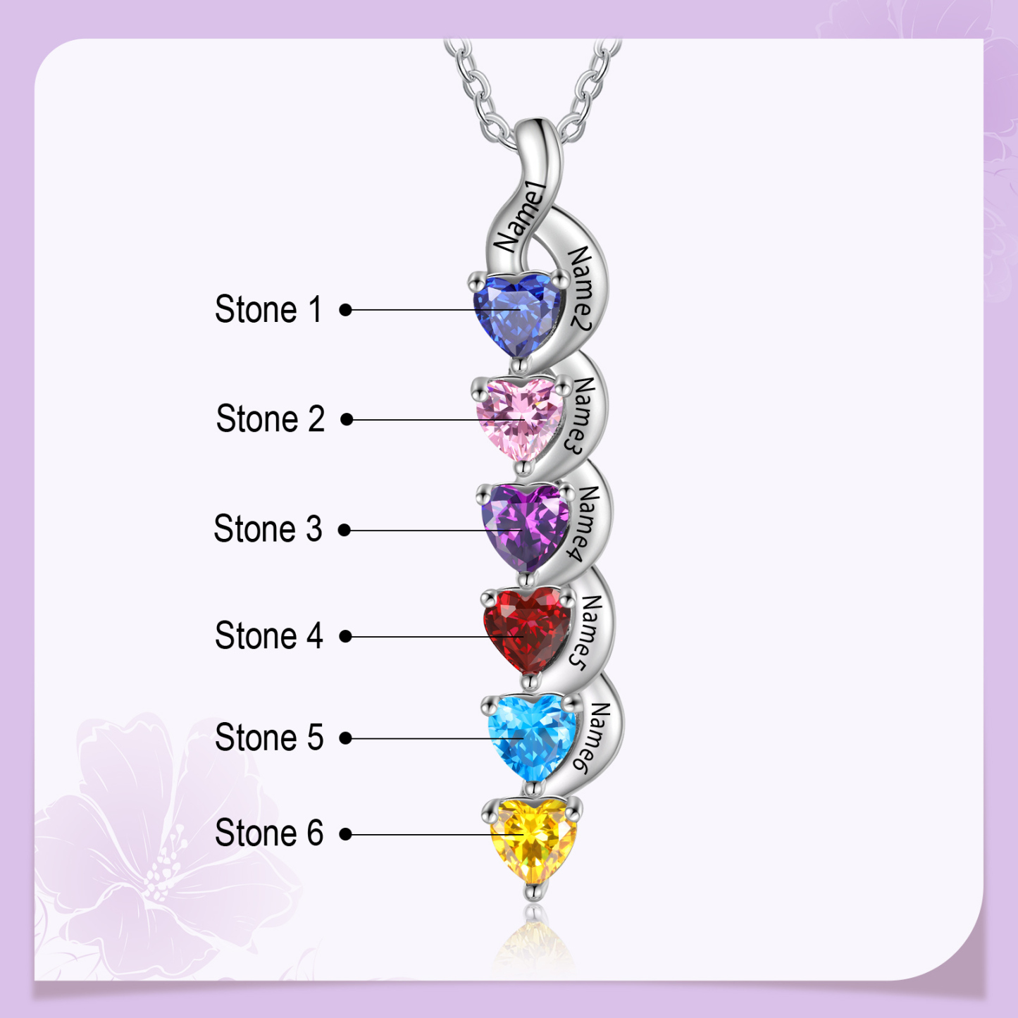 Personalisierter 6 Namen Silbernes Halskette & Armband mit 6 Herz-Geburtssteinen Geschenkbox-Set