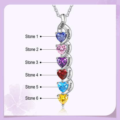 Personalisierter 6 Namen Silbernes Halskette & Armband mit 6 Herz-Geburtssteinen Geschenkbox-Set