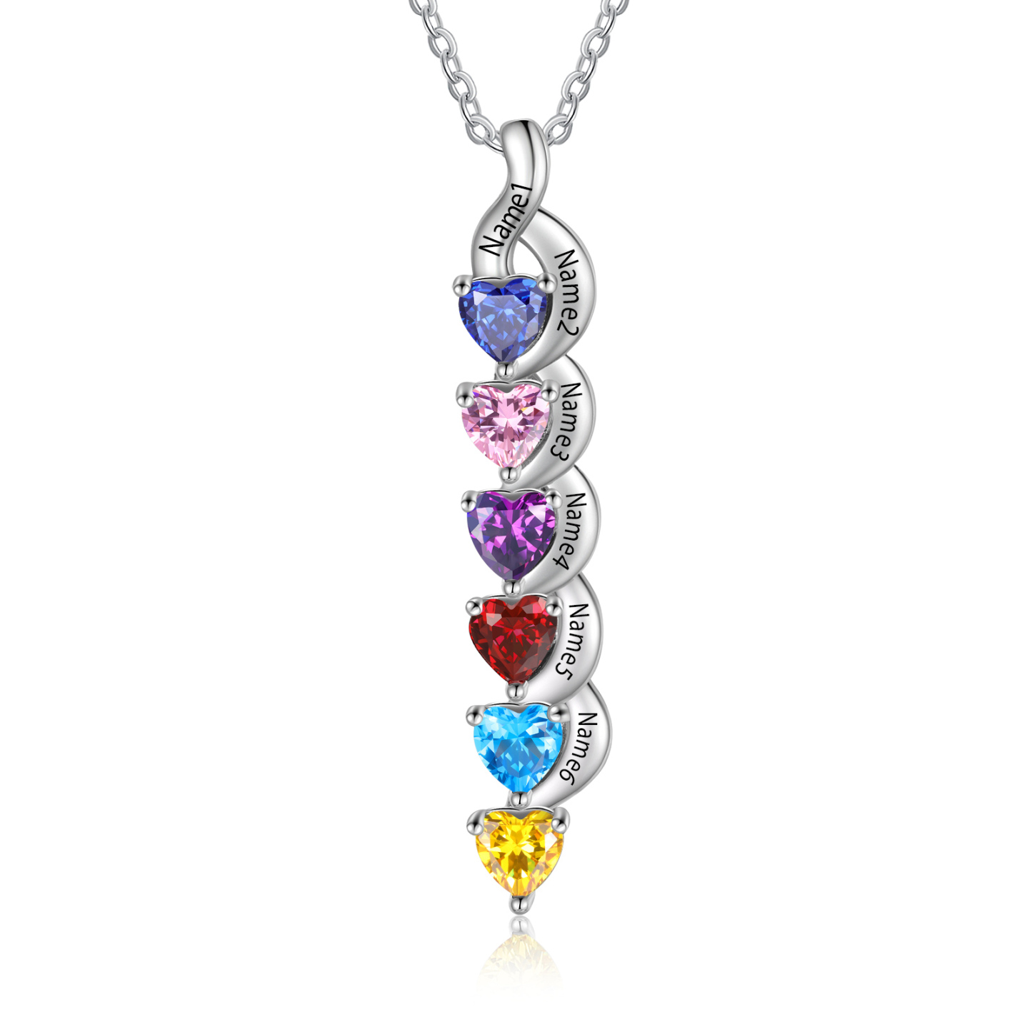 Personalisierter 6 Namen Silbernes Halskette & Armband mit 6 Herz-Geburtssteinen Geschenkbox-Set