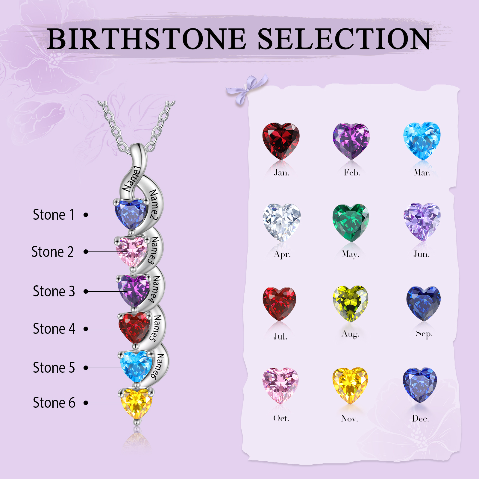 Personalisierter 6 Namen Silbernes Halskette & Armband mit 6 Herz-Geburtssteinen Geschenkbox-Set