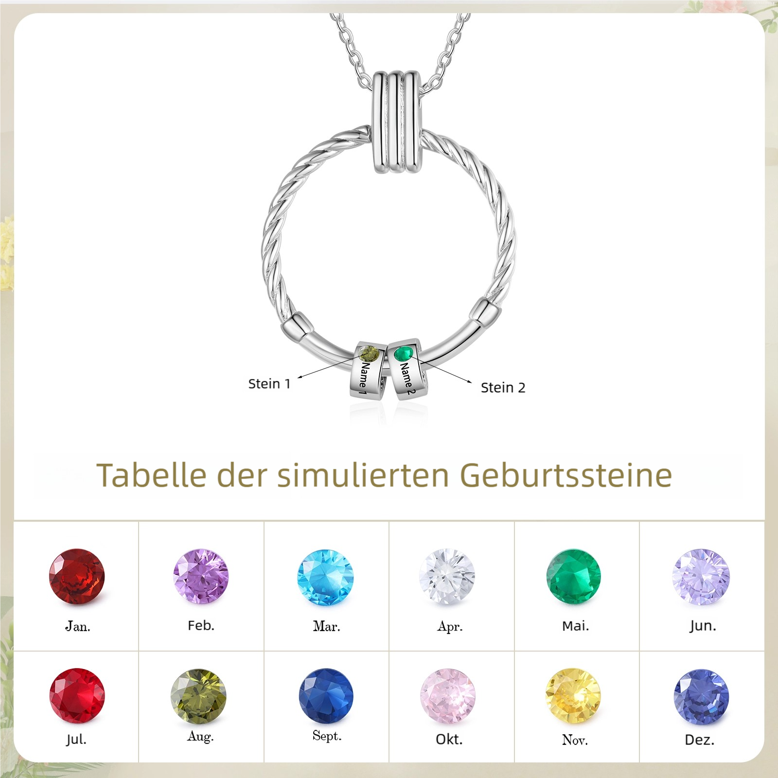 Personalisierte Kreis-Rund Halskette mit 2–5 Namen und Geburtssteinen