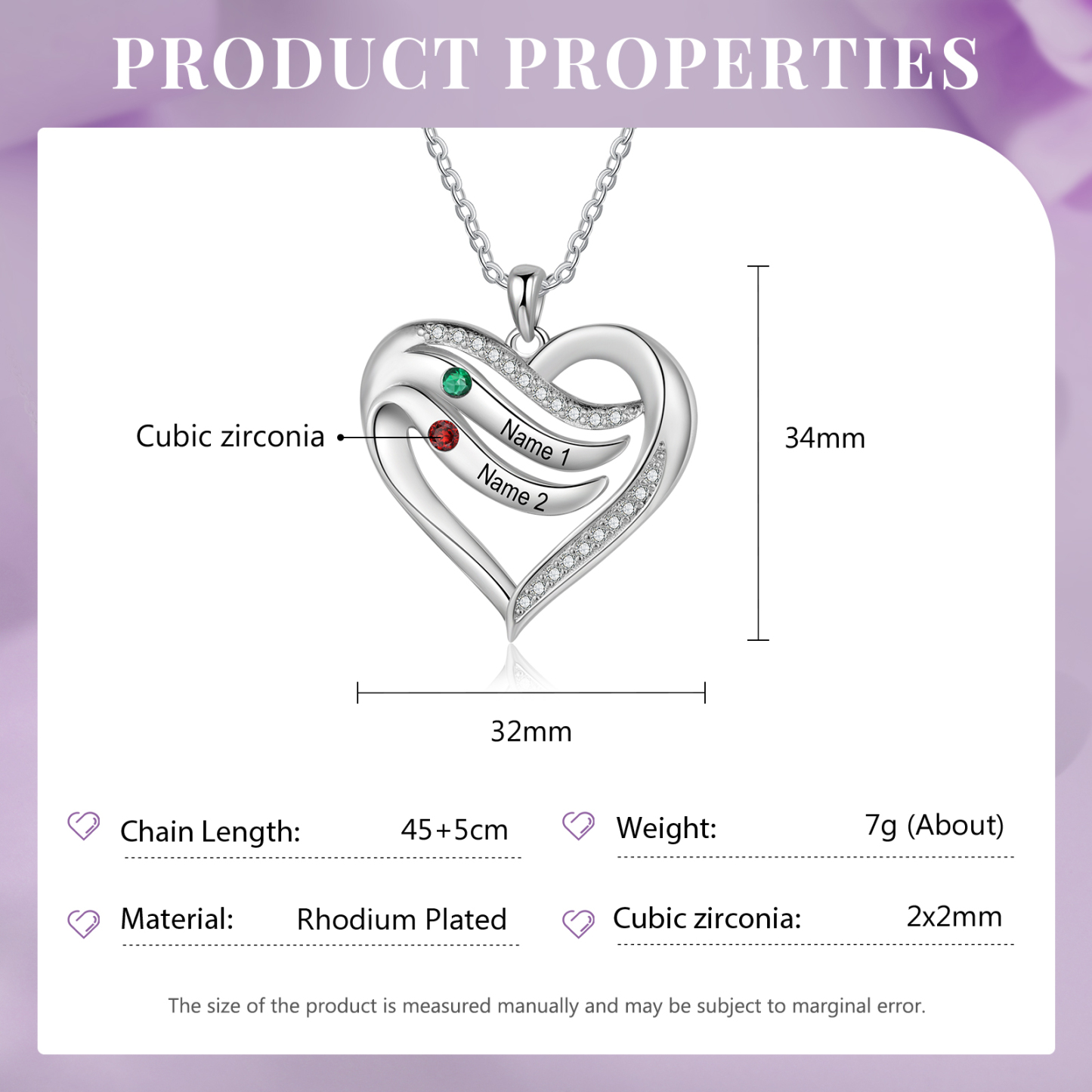 925 Sterling Silber Personalisierte 1-6 Namen & 1-6 Geburtssteinen Herz Halskette mit Zirkonia