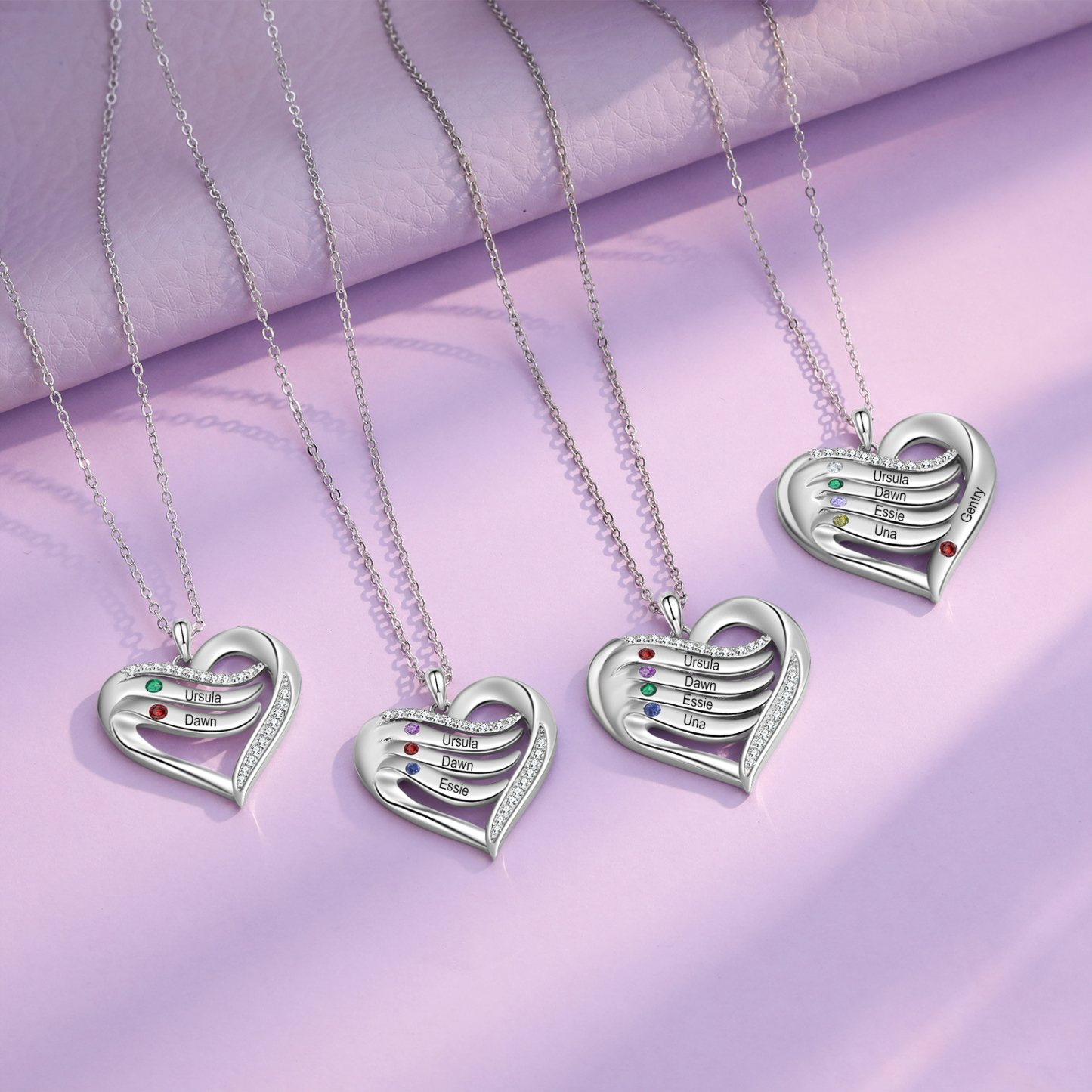 925 Sterling Silber Personalisierte 1-6 Namen & 1-6 Geburtssteinen Herz Halskette mit Zirkonia