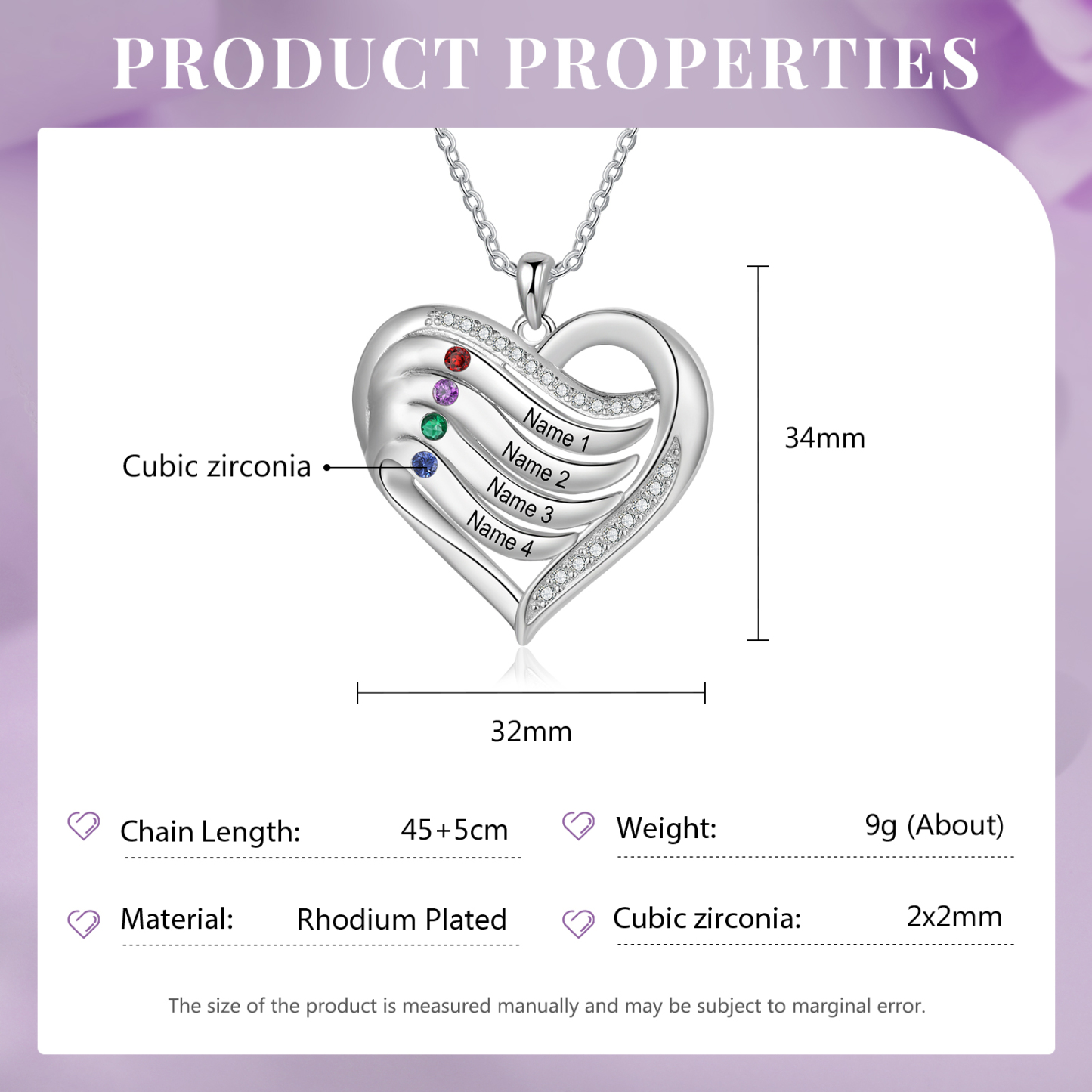 925 Sterling Silber Personalisierte 1-6 Namen & 1-6 Geburtssteinen Herz Halskette mit Zirkonia