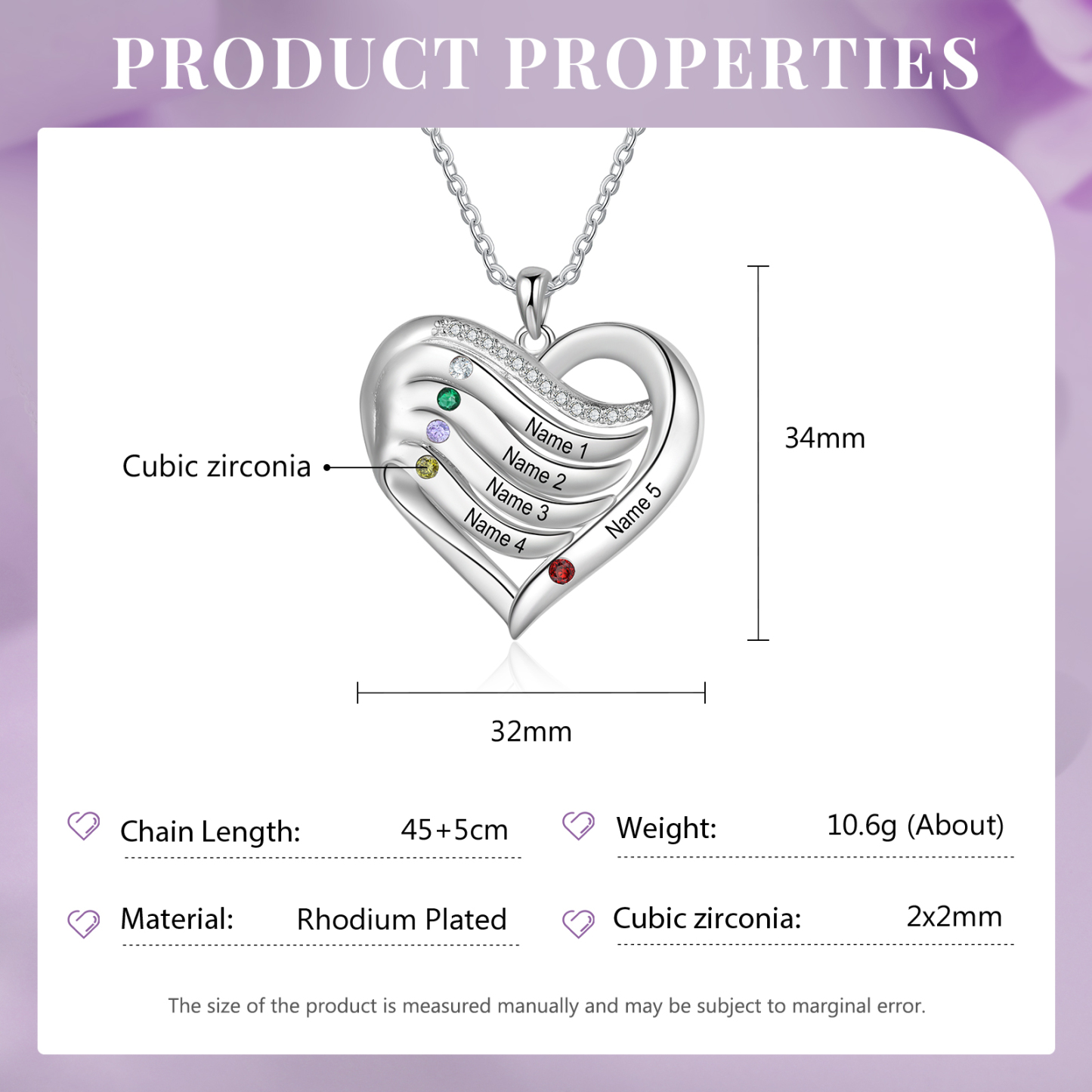 925 Sterling Silber Personalisierte 1-6 Namen & 1-6 Geburtssteinen Herz Halskette mit Zirkonia