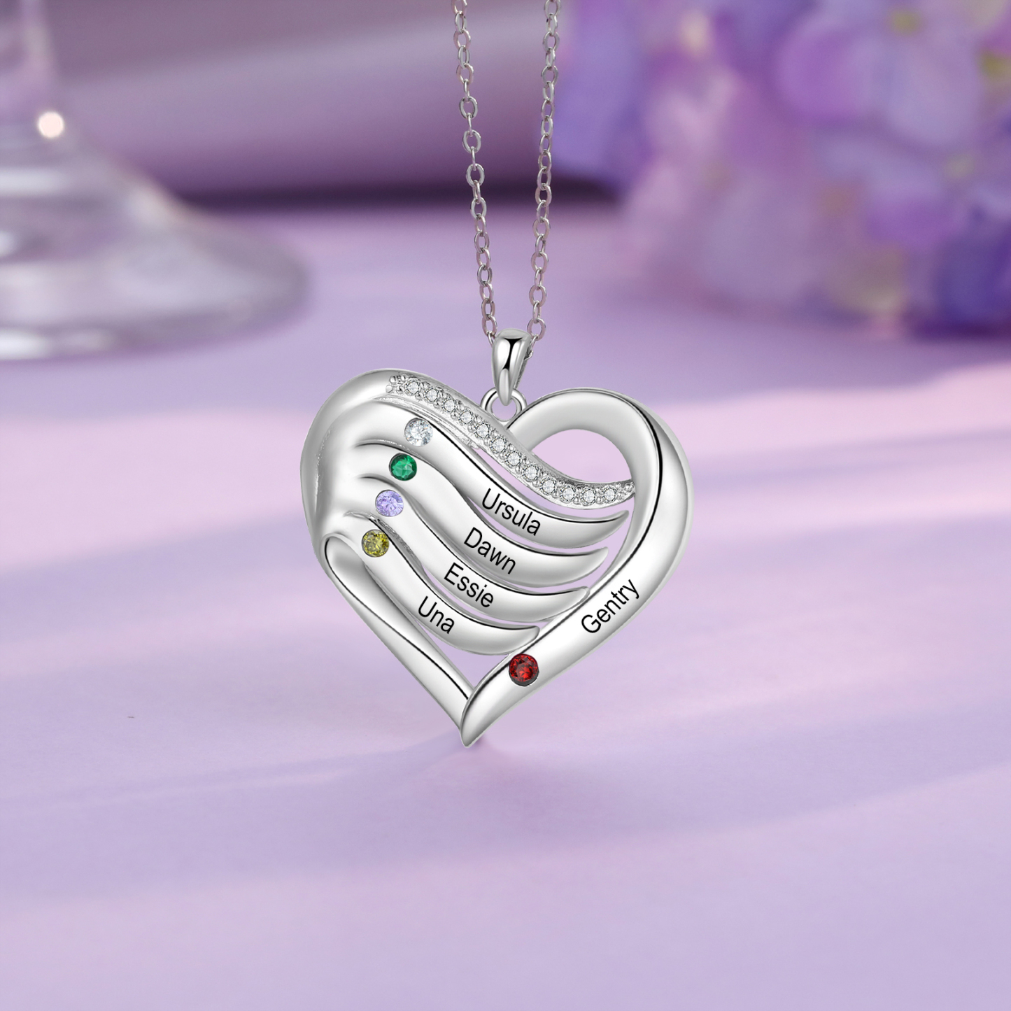 925 Sterling Silber Personalisierte 1-6 Namen & 1-6 Geburtssteinen Herz Halskette mit Zirkonia