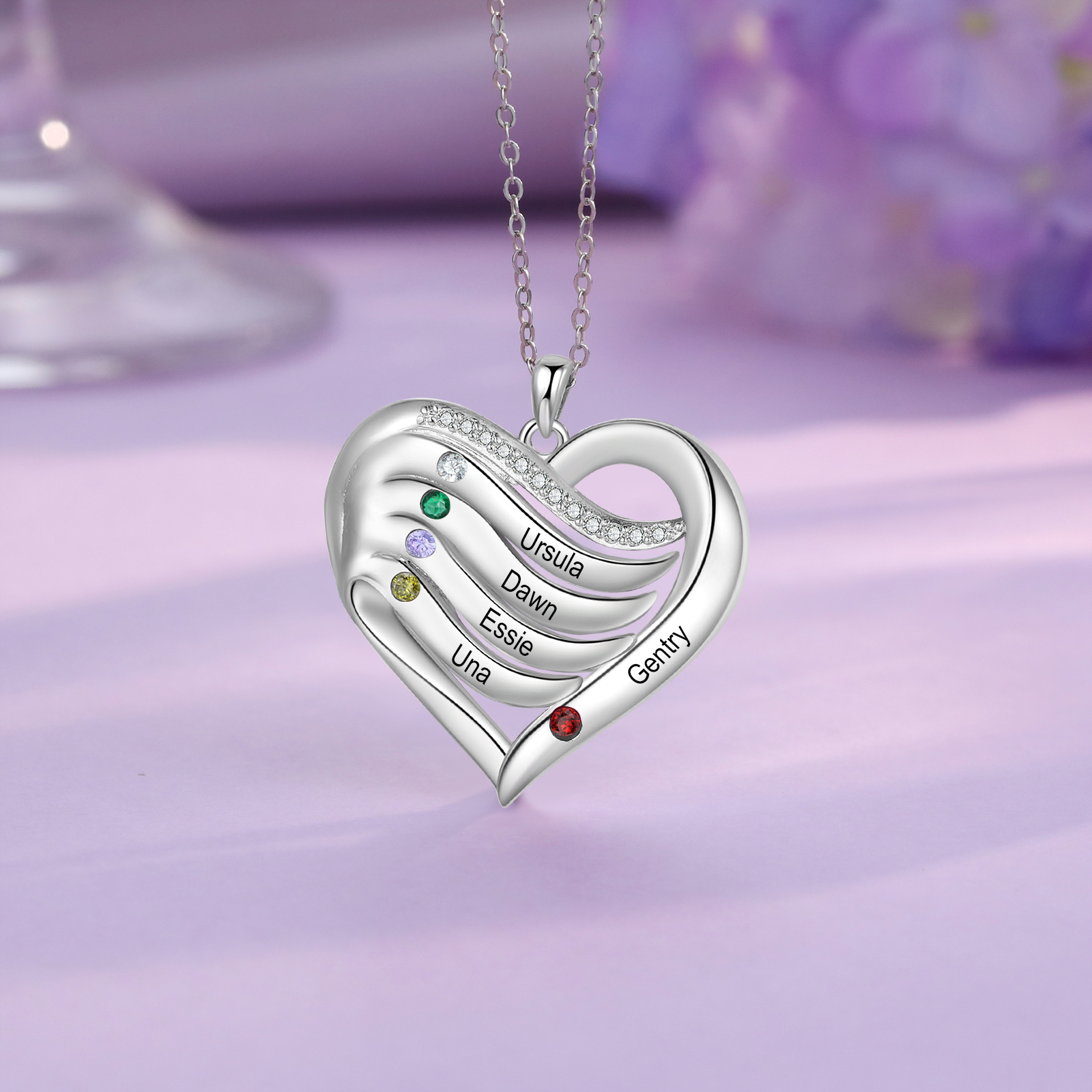 925 Sterling Silber Personalisierte 1-6 Namen & 1-6 Geburtssteinen Herz Halskette mit Zirkonia