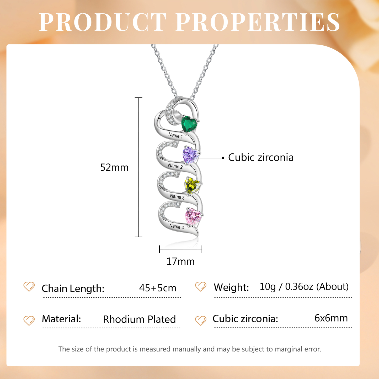 Personalisierte 1-6 Namen & 1-6 Geburtssteinen Silberne Herz-Halskette mit Zirkonia