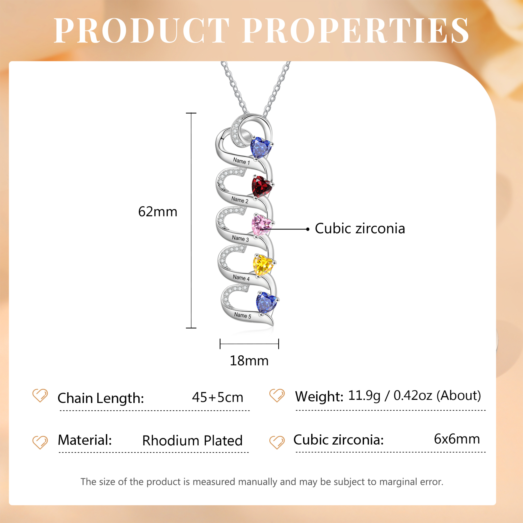 Personalisierte 1-6 Namen & 1-6 Geburtssteinen Silberne Herz-Halskette mit Zirkonia