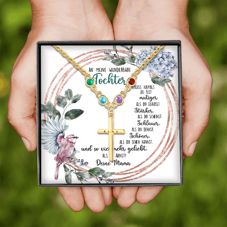 Personalisierter 1 Text & 4 Geburtssteine Kommunion Kreuz Halskette- An meine wunderbare Tochter- Geschenk mit Nachrichtenkarte