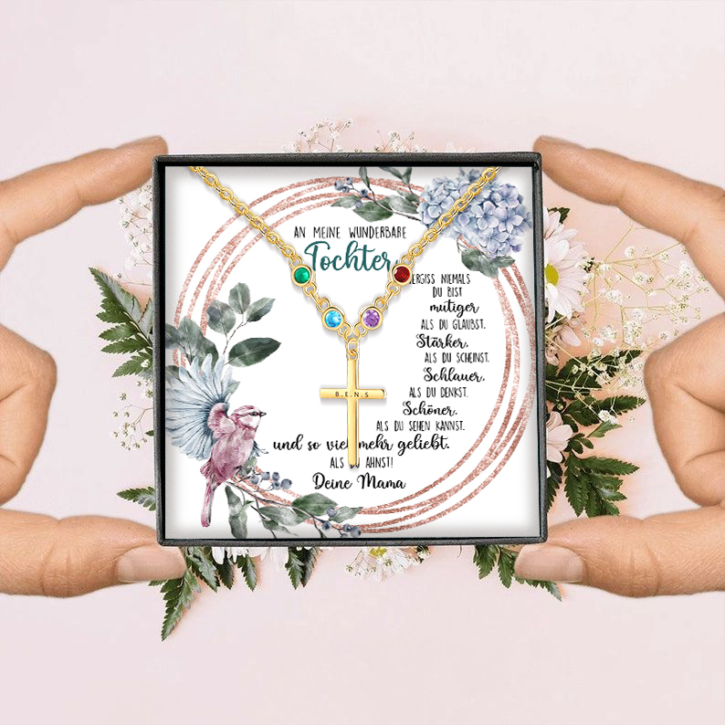 Personalisierter 1 Text & 4 Geburtssteine Kommunion Kreuz Halskette- An meine wunderbare Tochter- Geschenk mit Nachrichtenkarte