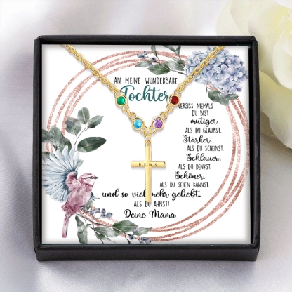 Personalisierter 1 Text & 4 Geburtssteine Kommunion Kreuz Halskette- An meine wunderbare Tochter- Geschenk mit Nachrichtenkarte